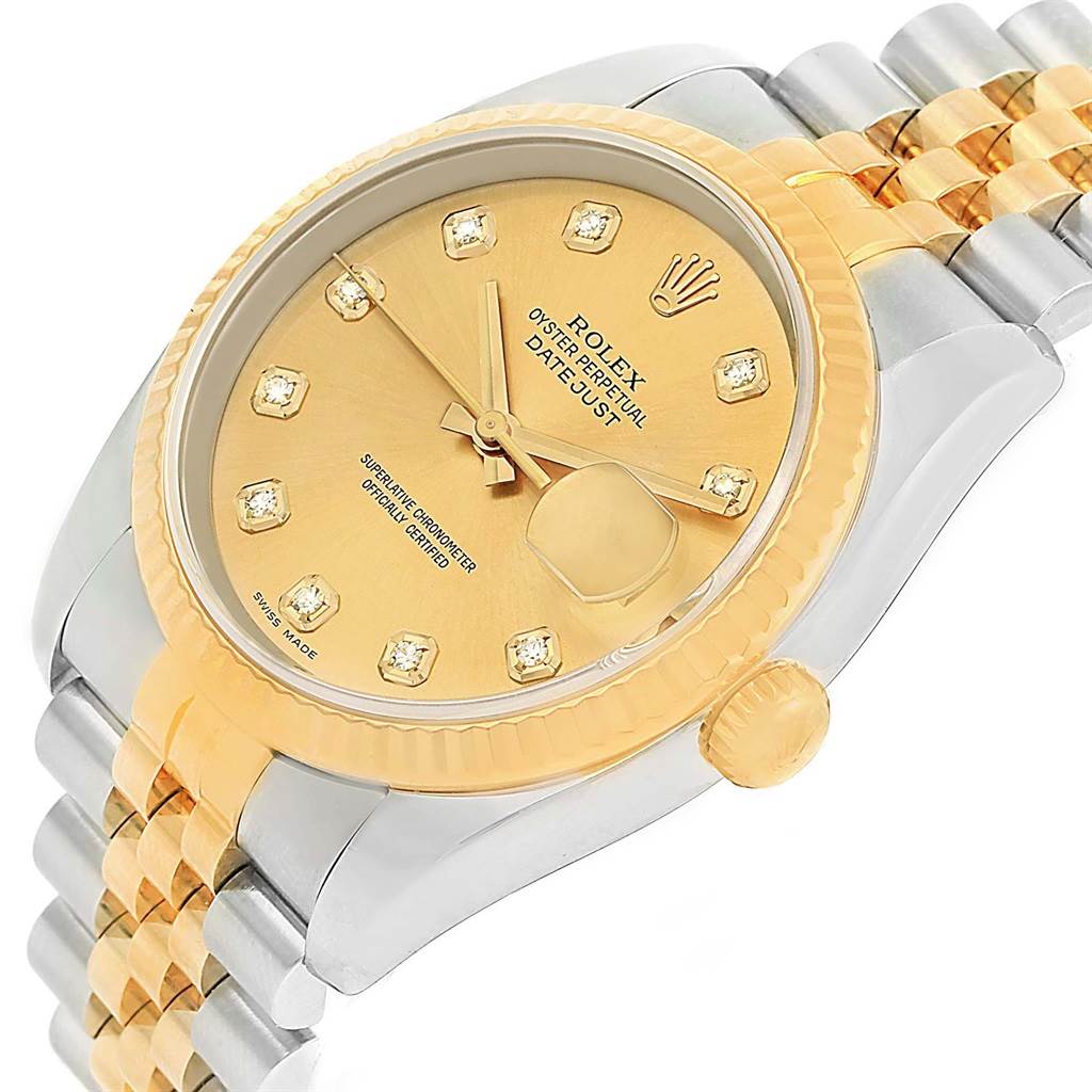 This image shows a Rolex Datejust 116233 Stainless Steel Champagne Dial 116233 Stainless Steel Champagne Dial watch at a slight angle, highlighting its gold dial, bezel, crown, and two-tone bracelet.