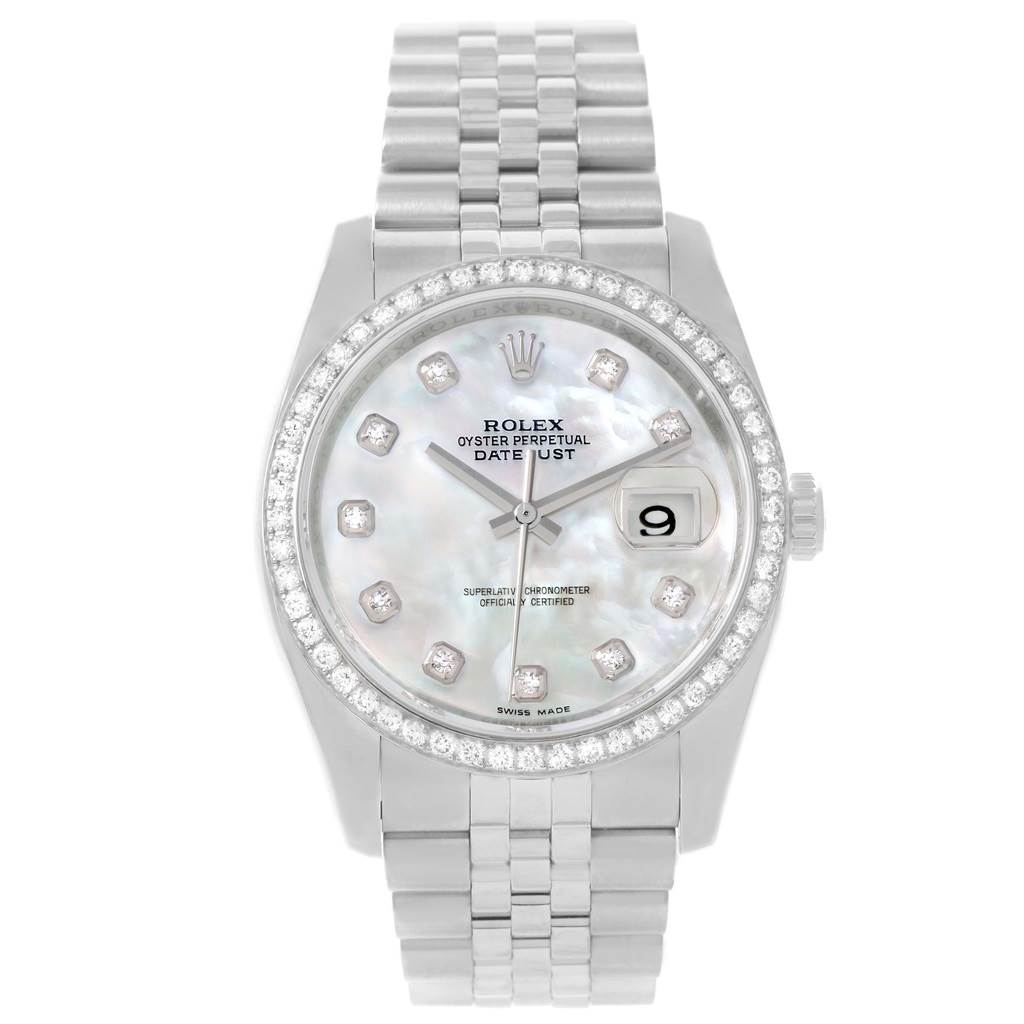 This is a front view of a Rolex Datejust 116244 Stainless Steel Mother of Pearl Dial 116244 Stainless Steel Mother of Pearl Dial watch, showcasing its mother-of-pearl dial, diamond hour markers, and a Jubilee bracelet.