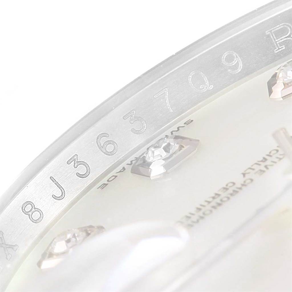 This close-up image shows the edge of the dial and diamond markers of a Rolex Datejust 116244 Stainless Steel Mother of Pearl Dial 116244 Stainless Steel Mother of Pearl Dial watch.