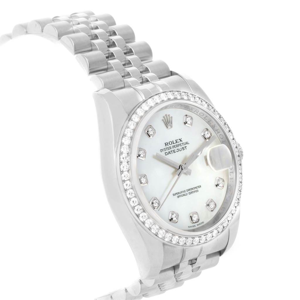 The image shows a side view of the Rolex Datejust 116244 Stainless Steel Mother of Pearl Dial 116244 Stainless Steel Mother of Pearl Dial watch highlighting its face, bracelet, and diamond-encrusted bezel.
