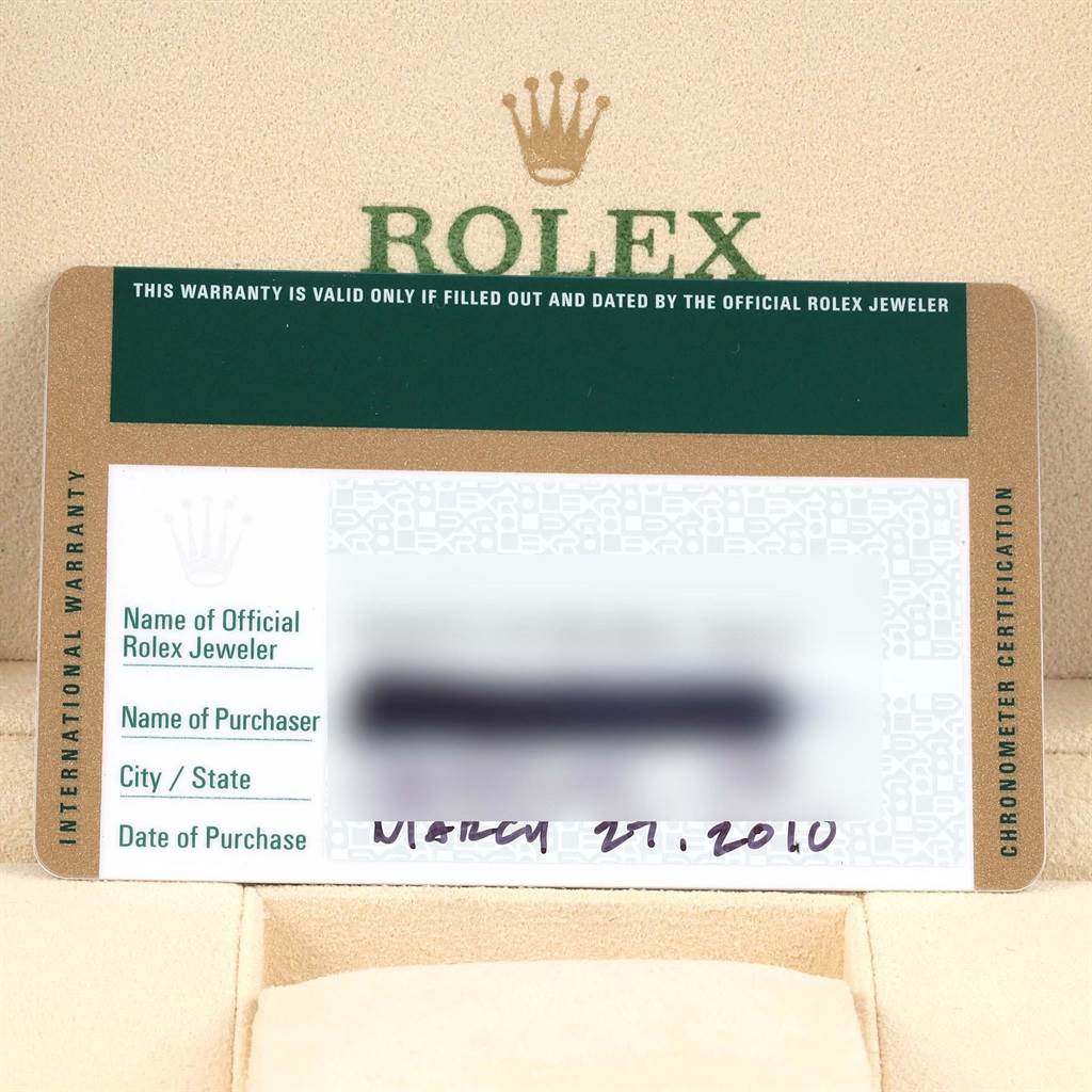 The image shows an international warranty card for the Rolex Datejust 116244 Stainless Steel Mother of Pearl Dial 116244 Stainless Steel Mother of Pearl Dial model, displaying the purchase details section.