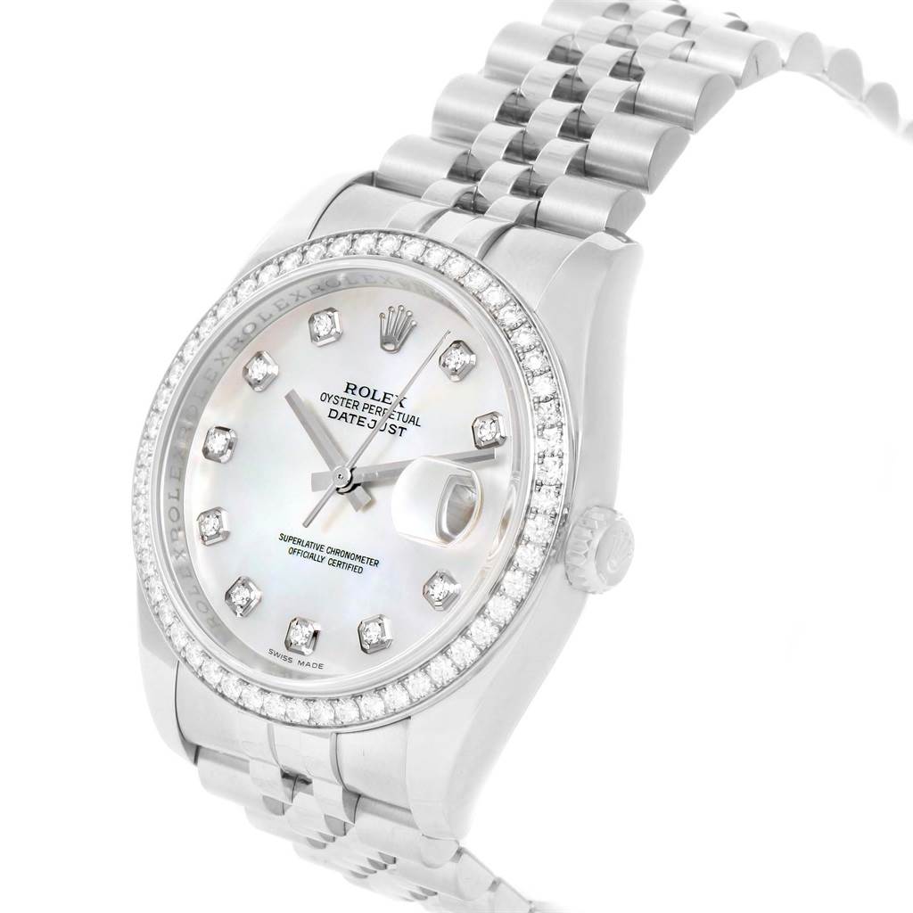The Rolex Datejust 116244 Stainless Steel Mother of Pearl Dial 116244 Stainless Steel Mother of Pearl Dial watch is shown at a slight angle, highlighting the dial, bezel, crown, and bracelet.