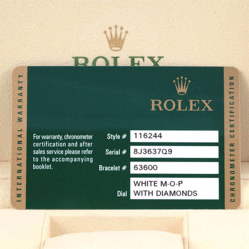 This image shows the warranty card for a Rolex Datejust 116244 Stainless Steel Mother of Pearl Dial 116244 Stainless Steel Mother of Pearl Dial model, listing details like style, serial, and bracelet numbers.
