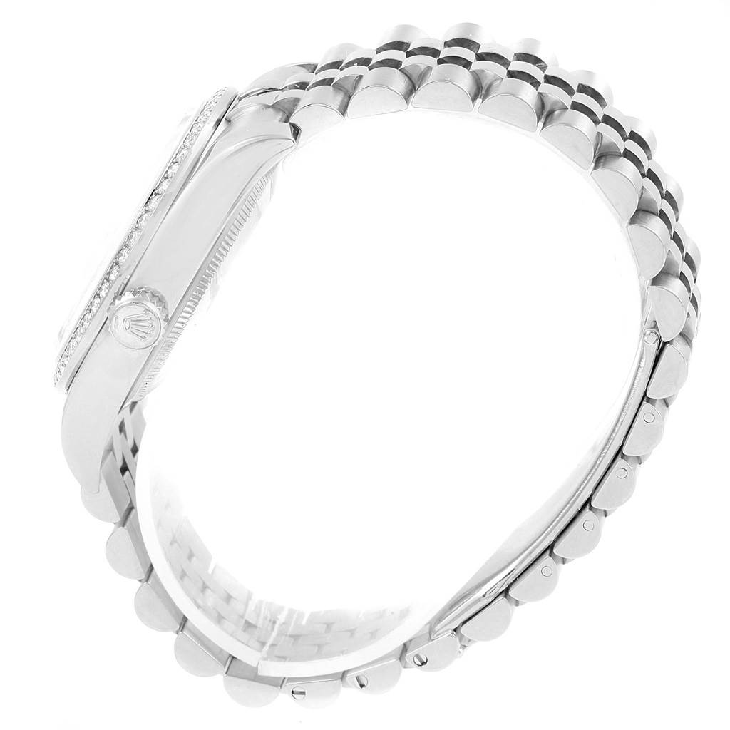 The image shows a side view of the Rolex Datejust 116244 Stainless Steel Mother of Pearl Dial 116244 Stainless Steel Mother of Pearl Dial watch, including the bezel, crown, and bracelet.