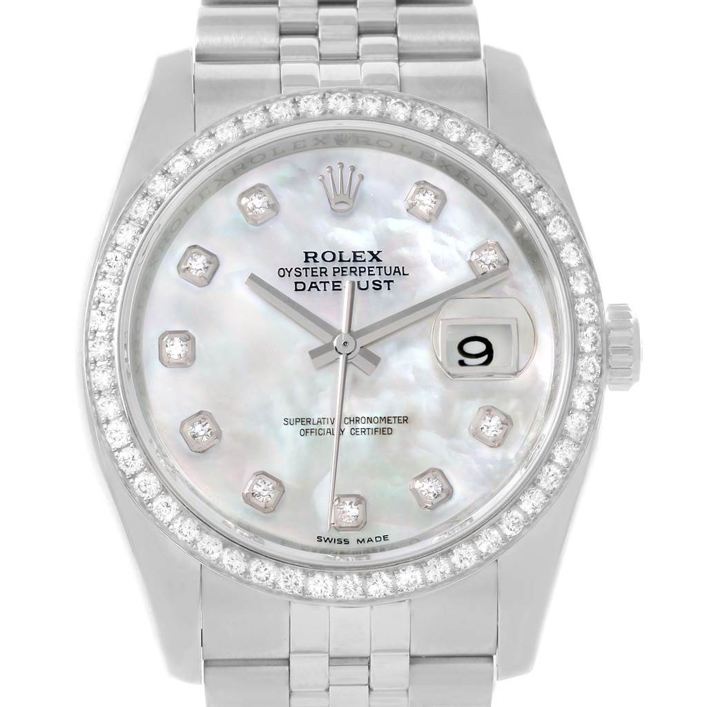 This image shows a Rolex Datejust 116244 Stainless Steel Mother of Pearl Dial 116244 Stainless Steel Mother of Pearl Dial watch from a front angle, highlighting the dial, bezel, and bracelet.