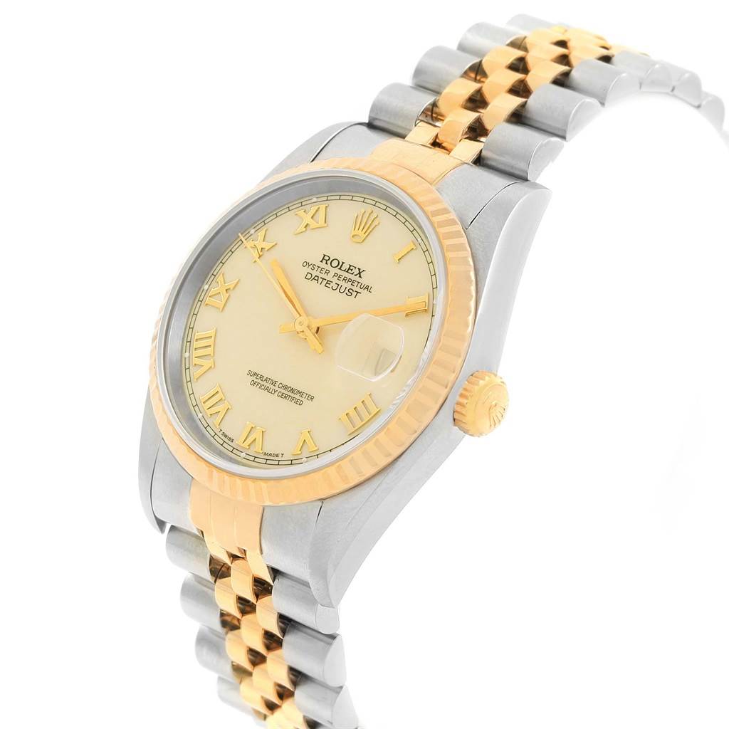 The image shows the Rolex Datejust 16233 Men's Steel and Gold (two tone) Beige Dial 16233 Men's Steel and Gold (two tone) Beige Dial watch at a slightly angled side view, showcasing the face, bezel, crown, and bracelet.
