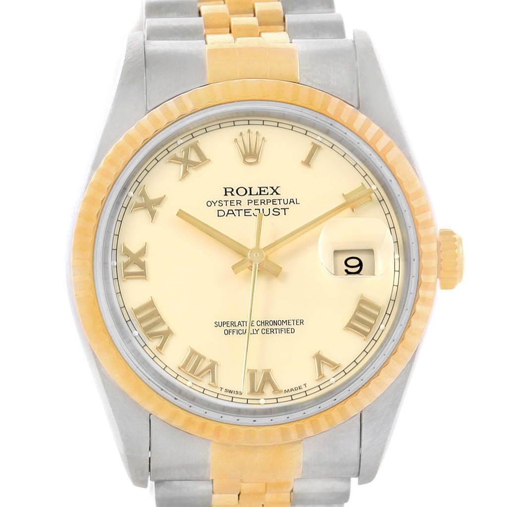 This image shows a front view of the Rolex Datejust 16233 Men's Steel and Gold (two tone) Beige Dial 16233 Men's Steel and Gold (two tone) Beige Dial watch, highlighting the dial, fluted bezel, and the jubilee bracelet.