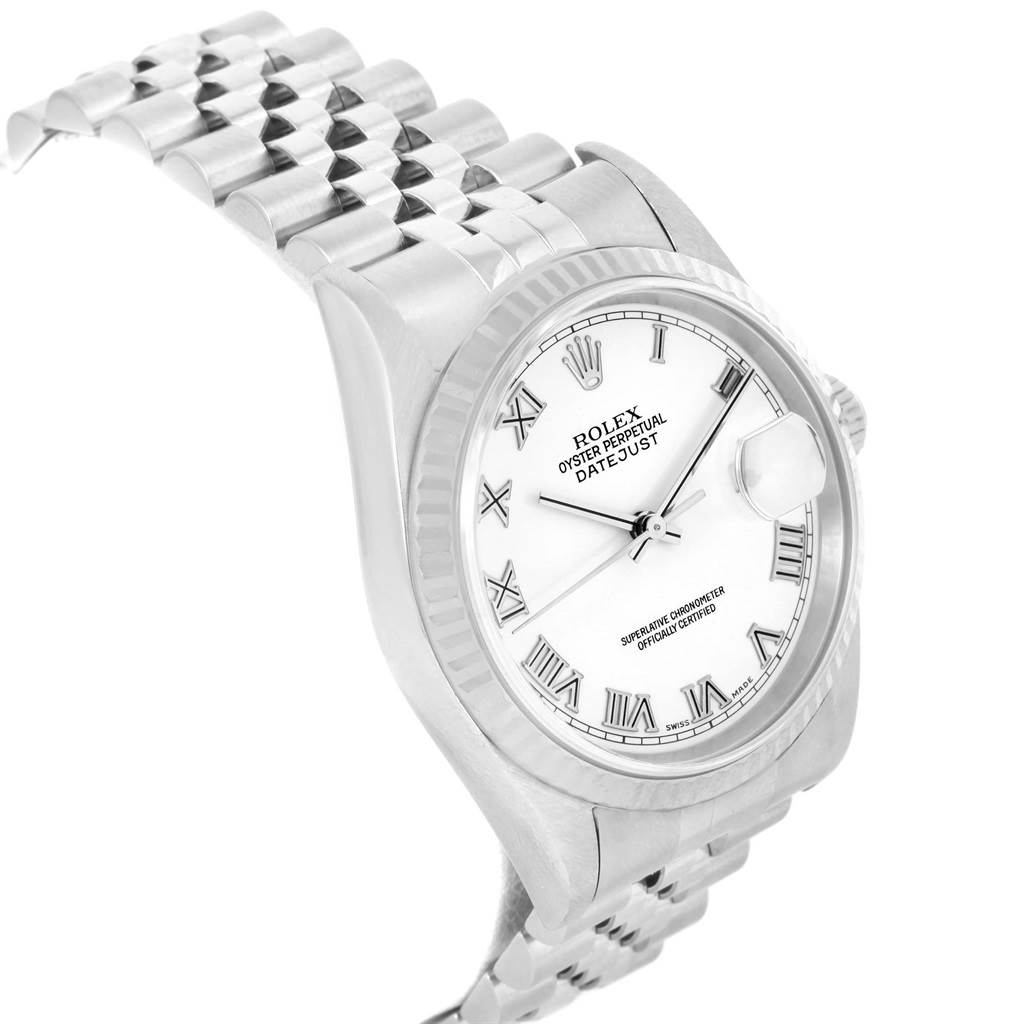 The image shows a side angle of the Rolex Datejust 16234 Men's Stainless Steel White Dial 16234 Men's Stainless Steel White Dial watch, highlighting its dial, bezel, and bracelet.