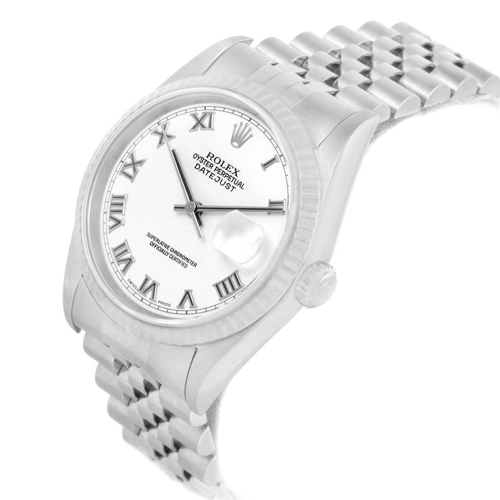 The image shows a Rolex Datejust 16234 Men's Stainless Steel White Dial 16234 Men's Stainless Steel White Dial watch from an angled side view, highlighting the dial, bezel, crown, and bracelet.