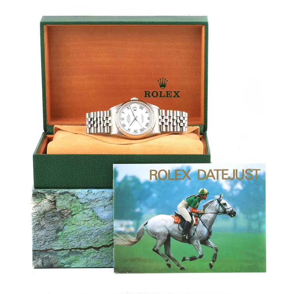 The image shows a Rolex Datejust 16234 Men's Stainless Steel White Dial 16234 Men's Stainless Steel White Dial watch in an open box, alongside its booklet.