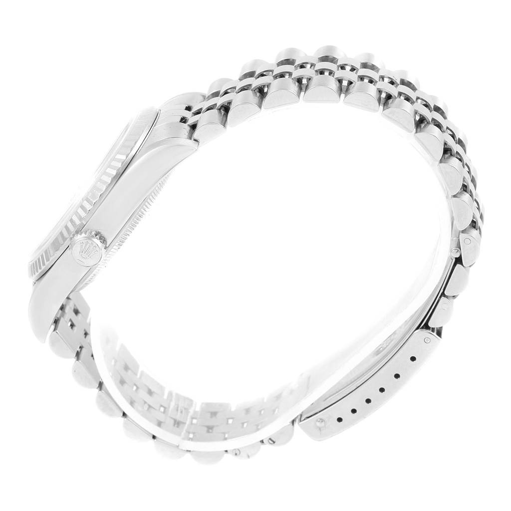 This side-view image shows the case, crown, and bracelet of a Rolex Datejust 16234 Men's Stainless Steel White Dial 16234 Men's Stainless Steel White Dial watch.