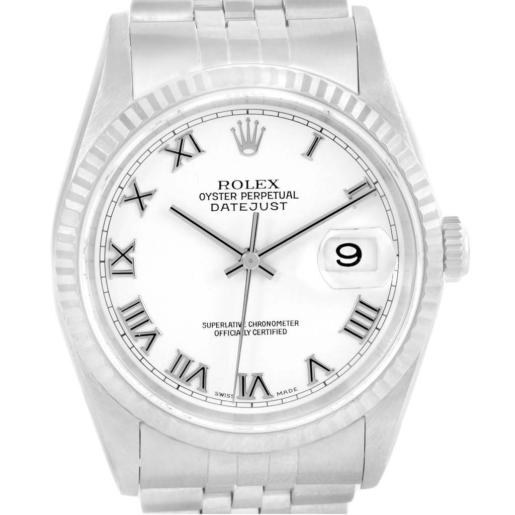 The image shows the face of the Rolex Datejust 16234 Men's Stainless Steel White Dial 16234 Men's Stainless Steel White Dial watch, displaying its dial, Roman numerals, hands, date window, and crown, from a front angle.