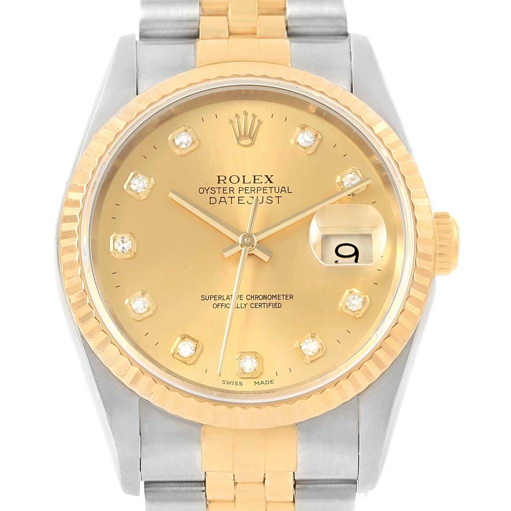 This Rolex Datejust 16233 Steel and Gold (two tone) Champagne Dial 16233 Steel and Gold (two tone) Champagne Dial watch is shown from a straight-on angle, featuring the dial, bezel, and part of the bracelet.