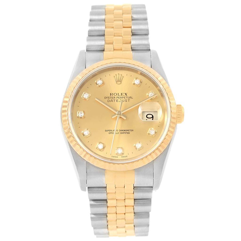 The Rolex Datejust 16233 Steel and Gold (two tone) Champagne Dial 16233 Steel and Gold (two tone) Champagne Dial watch is shown from a top-down angle, highlighting its dial, bezel, and two-tone bracelet.