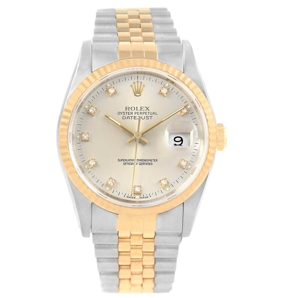 The image displays a Rolex Datejust 16233 Men's Steel and Gold (two tone) Silver Dial 16233 Men's Steel and Gold (two tone) Silver Dial watch from a front angle, showing the dial, bezel, and bracelet.