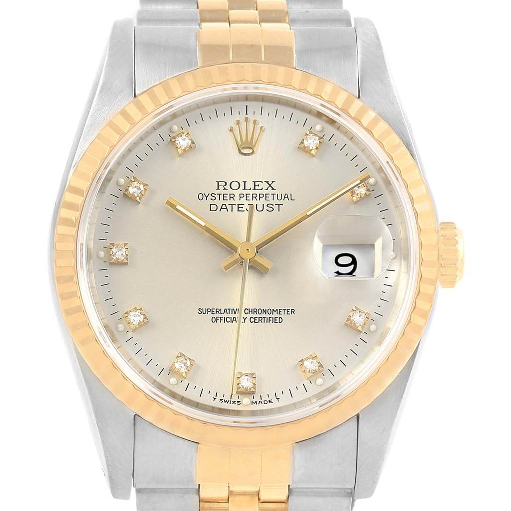 This image shows a frontal view of a Rolex Datejust 16233 Men's Steel and Gold (two tone) Silver Dial 16233 Men's Steel and Gold (two tone) Silver Dial watch, highlighting the dial, bezel, and part of the bracelet.