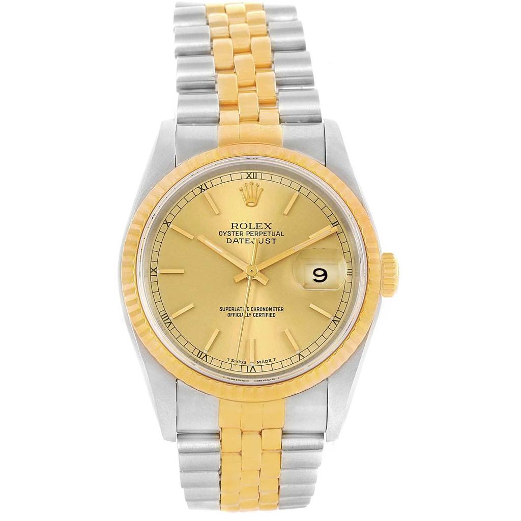 The Rolex Datejust 16233 Steel and Gold (two tone) Champagne Dial 16233 Steel and Gold (two tone) Champagne Dial watch is displayed from a front angle showing the face, bezel, and bracelet.