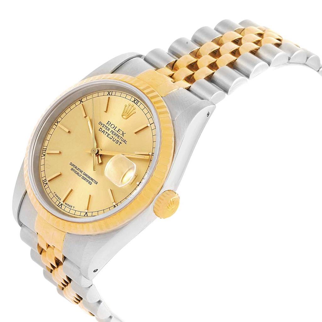 The Rolex Datejust 16233 Steel and Gold (two tone) Champagne Dial 16233 Steel and Gold (two tone) Champagne Dial watch is shown at a side angle, highlighting the dial, crown, and two-tone bracelet.
