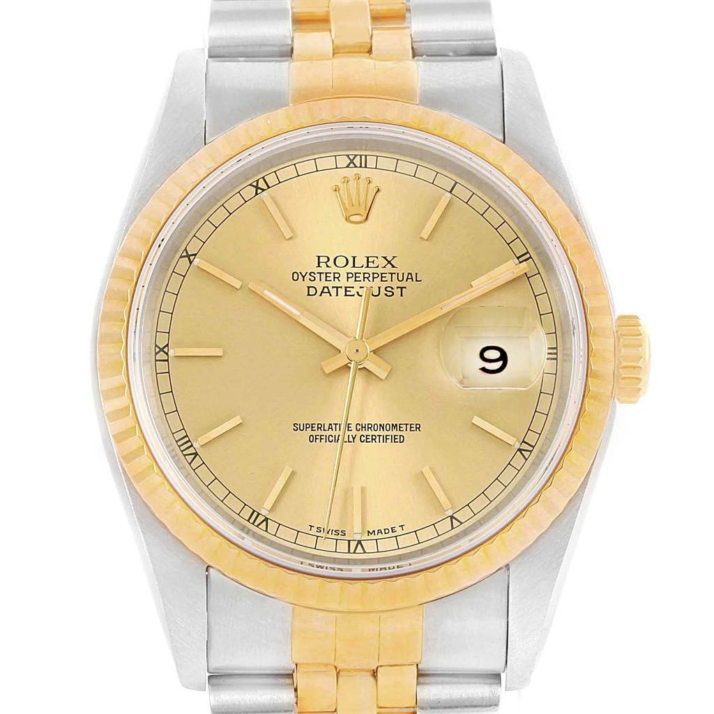 This image shows a front view of a Rolex Datejust 16233 Steel and Gold (two tone) Champagne Dial 16233 Steel and Gold (two tone) Champagne Dial watch, highlighting its dial, bezel, and bracelet.
