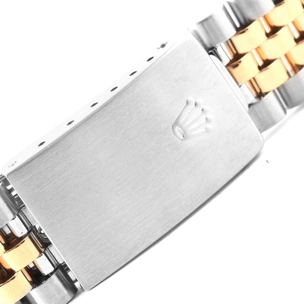 The image shows a close-up of the clasp and bracelet of a Rolex Datejust 16233 Steel and Gold (two tone) Blue Dial 16233 Steel and Gold (two tone) Blue Dial watch.