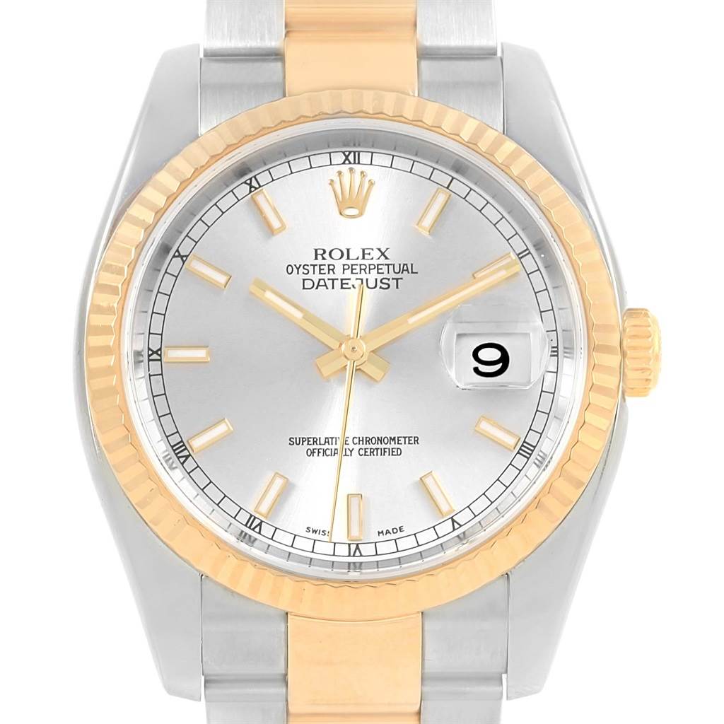 The image shows a frontal view of a Rolex Datejust 116233 Men's Stainless Steel Silver Dial 116233 Men's Stainless Steel Silver Dial watch, highlighting its dial, bezel, and part of the bracelet.