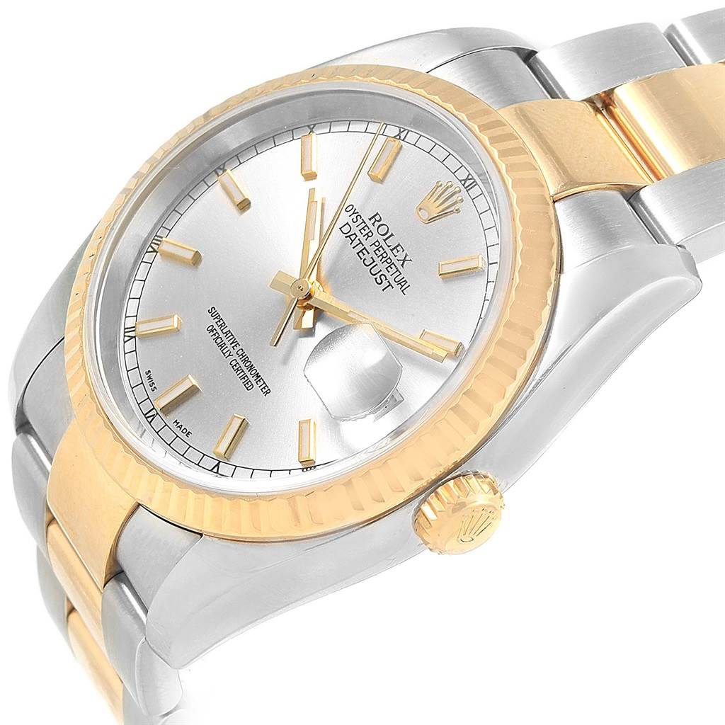 The image shows a close-up of a Rolex Datejust 116233 Men's Stainless Steel Silver Dial 116233 Men's Stainless Steel Silver Dial watch at an angled top view, highlighting the dial, bezel, and part of the bracelet.