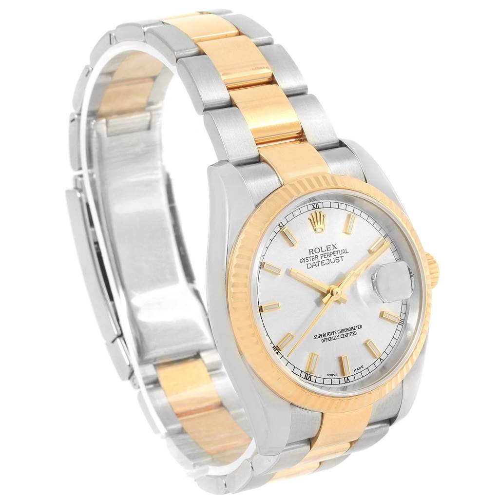 The image shows a side angle of a Rolex Datejust 116233 Men's Stainless Steel Silver Dial 116233 Men's Stainless Steel Silver Dial watch, highlighting the two-tone bracelet and silver dial.