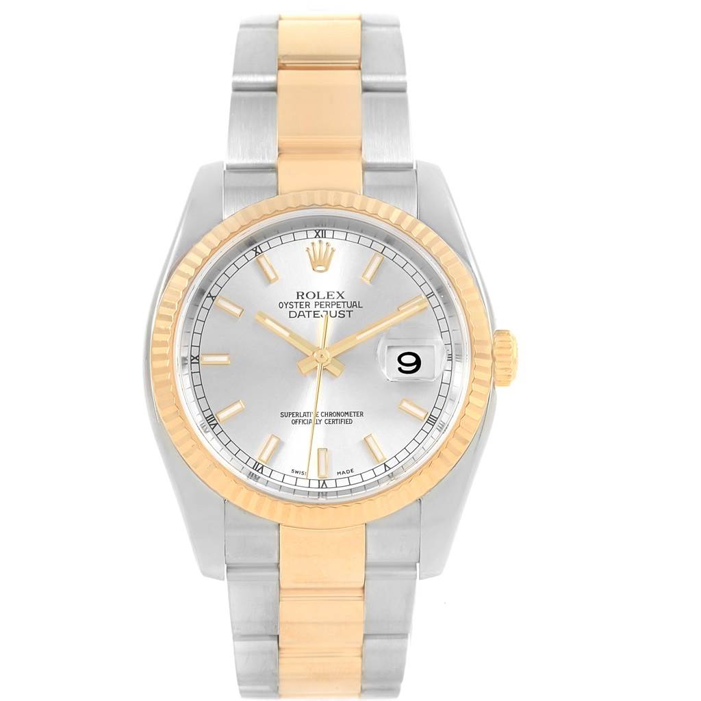 The image shows a Rolex Datejust 116233 Men's Stainless Steel Silver Dial 116233 Men's Stainless Steel Silver Dial watch from a front angle, highlighting its two-tone bracelet, fluted bezel, and silver dial with a date window.