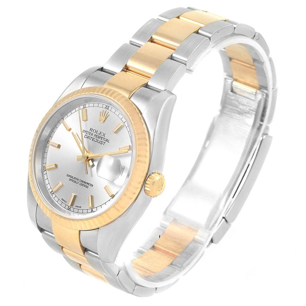 The Rolex Datejust 116233 Men's Stainless Steel Silver Dial 116233 Men's Stainless Steel Silver Dial watch is shown at a top-left angle, highlighting its dial, bezel, and two-tone bracelet.