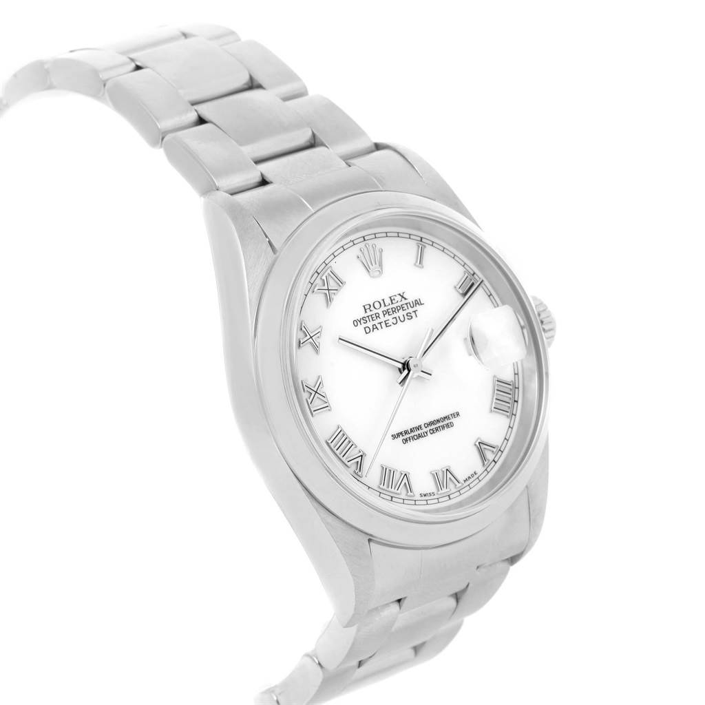 The Rolex Datejust 16200 Men's Stainless Steel White Dial 16200 Men's Stainless Steel White Dial watch is shown at a slight angle, displaying its white dial, Roman numerals, bracelet, and crown.