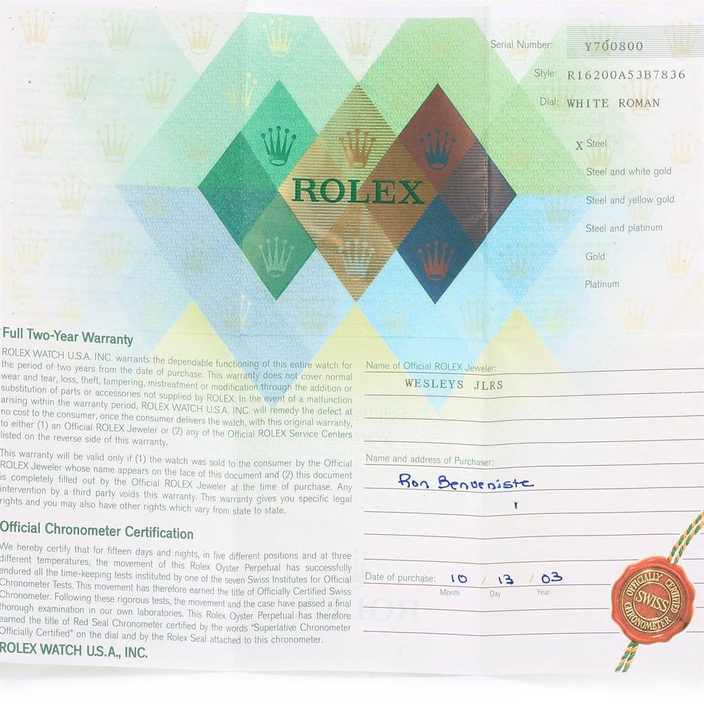 The image shows a warranty and certification card for a Rolex Datejust 16200 Men's Stainless Steel White Dial 16200 Men's Stainless Steel White Dial model watch.