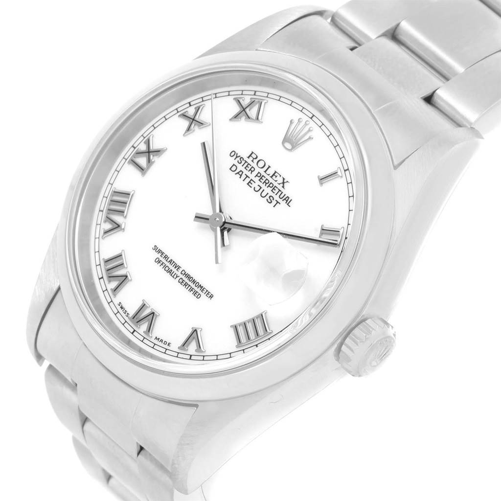 This photo of the Rolex Datejust 16200 Men's Stainless Steel White Dial 16200 Men's Stainless Steel White Dial watch shows a close-up angle featuring the dial, crown, and part of the bracelet.
