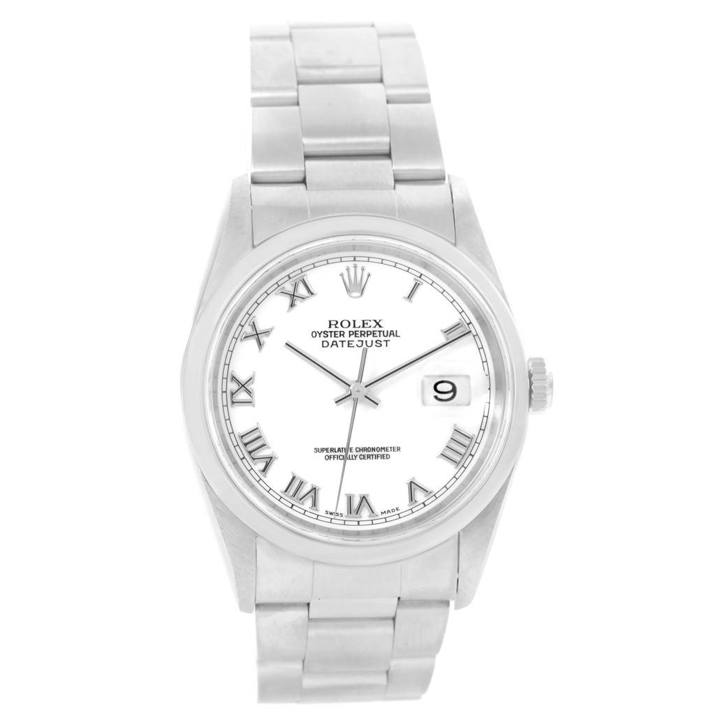 The image depicts a frontal view of a Rolex Datejust 16200 Men's Stainless Steel White Dial 16200 Men's Stainless Steel White Dial watch, showcasing its dial, bracelet, and crown.