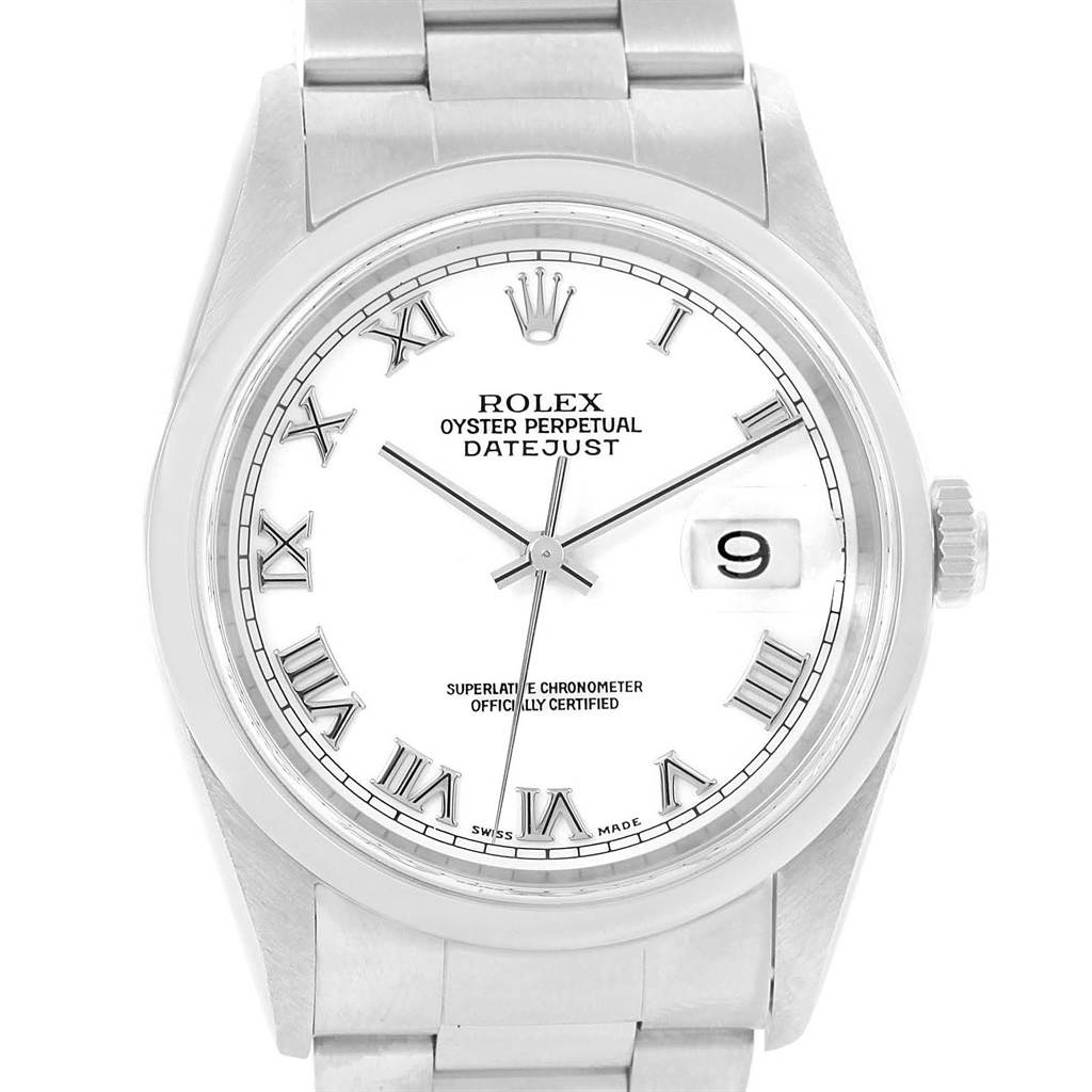 This image shows a Rolex Datejust 16200 Men's Stainless Steel White Dial 16200 Men's Stainless Steel White Dial model watch front view, featuring Roman numerals, a date window, and a stainless steel bracelet.