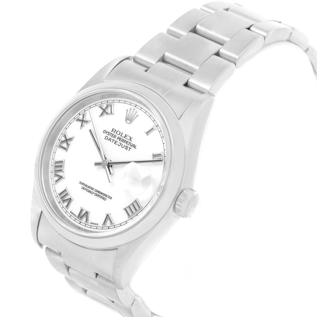 The image shows a Rolex Datejust 16200 Men's Stainless Steel White Dial 16200 Men's Stainless Steel White Dial watch at a slight angle, displaying the dial, bracelet, and crown.