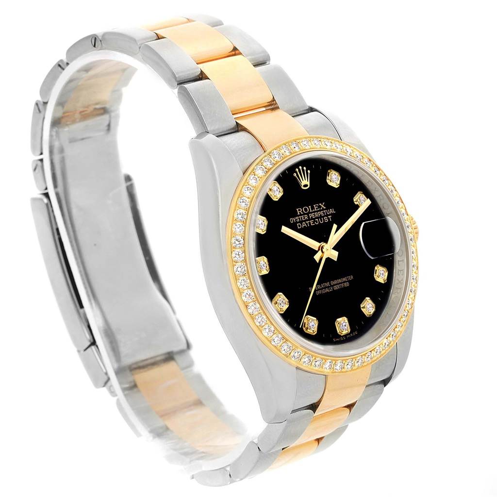 The image shows a side angle of the Rolex Datejust 116243 Men
s Stainless Steel Black Dial 116243 Men
s Stainless Steel Black Dial model, highlighting its bracelet, bezel, and face.