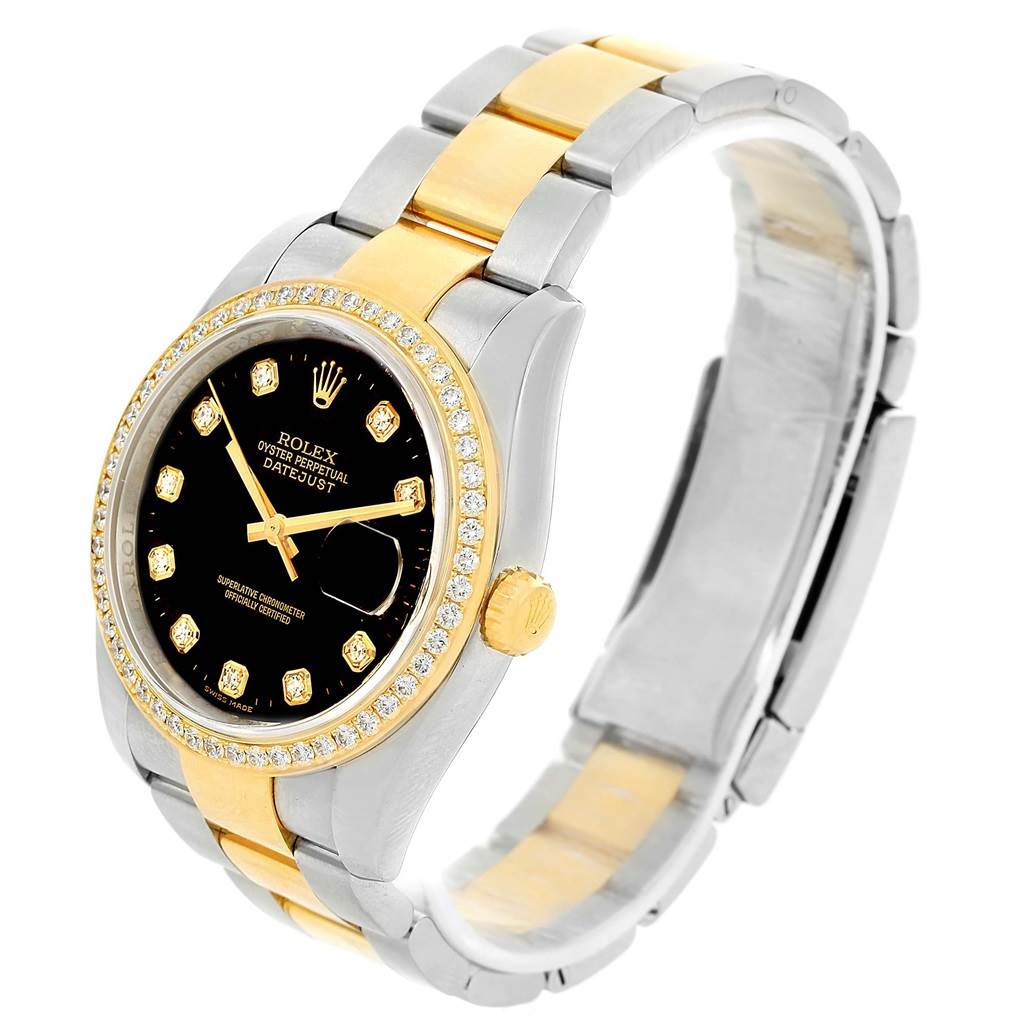 This image shows a Rolex Datejust 116243 Men
s Stainless Steel Black Dial 116243 Men
s Stainless Steel Black Dial watch at a three-quarters angle, highlighting the dial, bezel, crown, and bracelet.