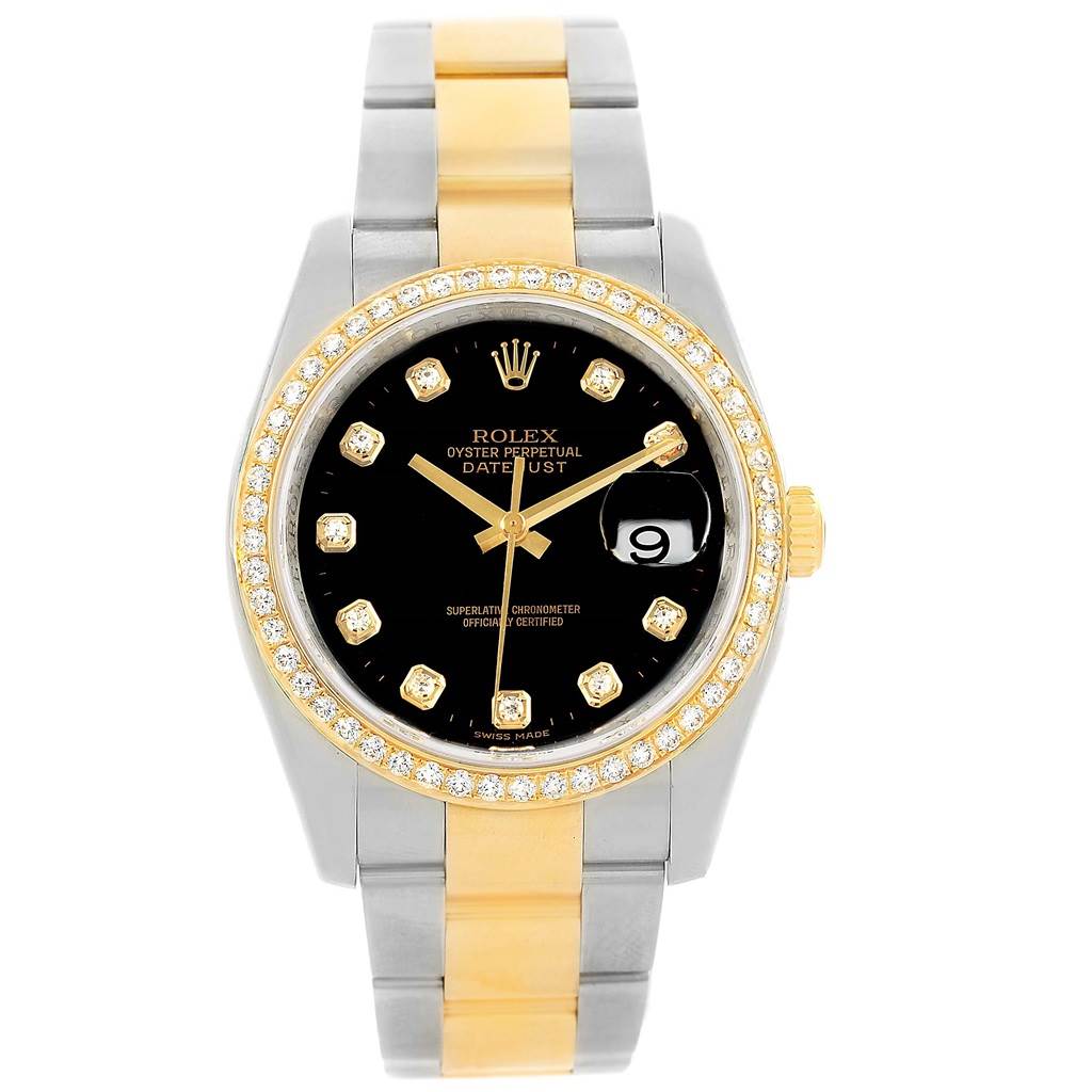 This Rolex Datejust 116243 Men
s Stainless Steel Black Dial 116243 Men
s Stainless Steel Black Dial model watch is shown from a front view, displaying its black dial, diamond bezel, and two-tone bracelet.