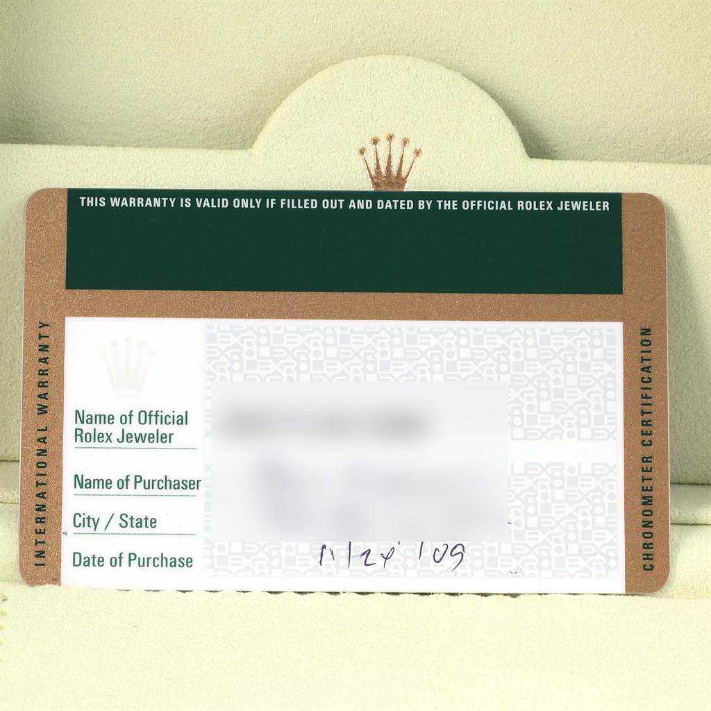 This image shows the International Warranty card for a Rolex Datejust 116243 Men
s Stainless Steel Black Dial 116243 Men
s Stainless Steel Black Dial watch.