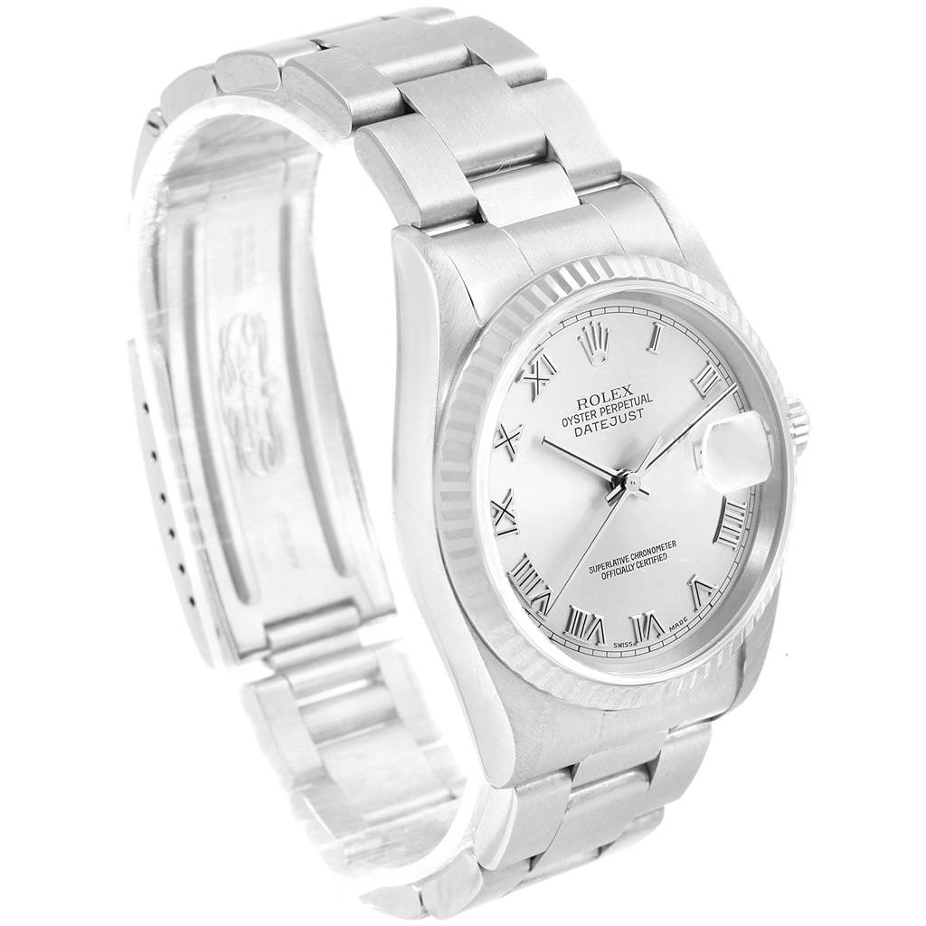 This image shows a Rolex Datejust 16234 Men's Stainless Steel Silver Dial 16234 Men's Stainless Steel Silver Dial watch at a slight angle, displaying the face, bezel, and part of the bracelet.