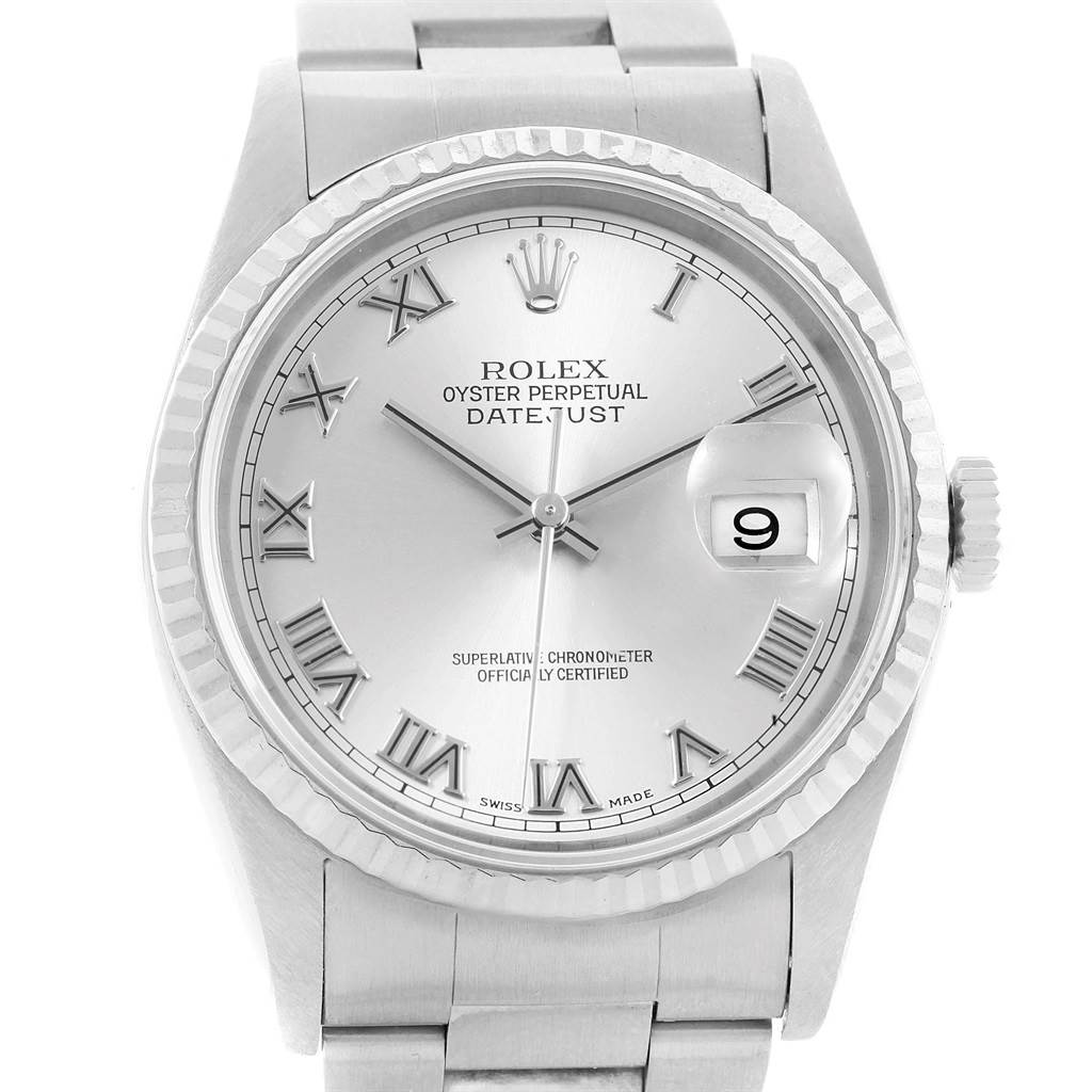 The image shows a frontal view of the Rolex Datejust 16234 Men's Stainless Steel Silver Dial 16234 Men's Stainless Steel Silver Dial watch, displaying its face, bezel, crown, and part of the bracelet.