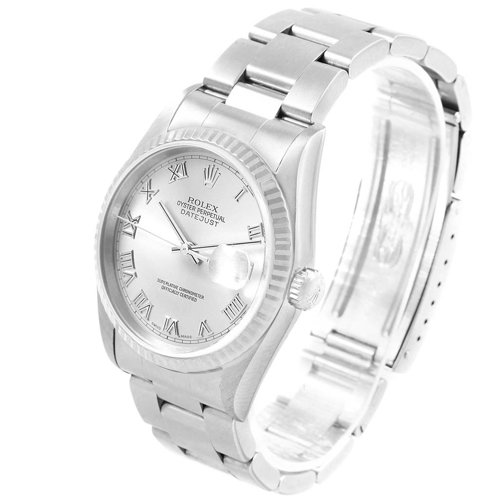 The image shows a Rolex Datejust 16234 Men's Stainless Steel Silver Dial 16234 Men's Stainless Steel Silver Dial watch at a three-quarter angle, highlighting the dial, bezel, crown, and bracelet.