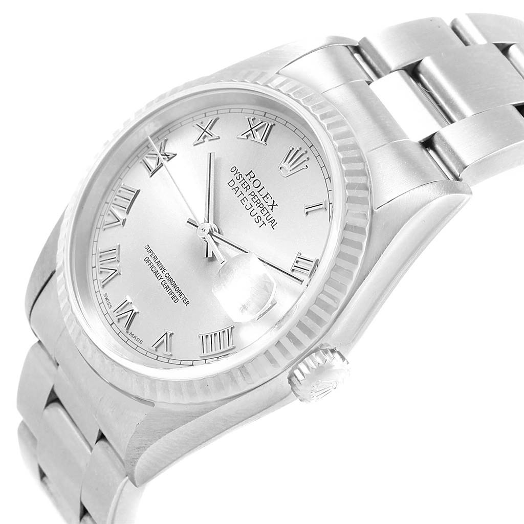 The image shows a Rolex Datejust 16234 Men's Stainless Steel Silver Dial 16234 Men's Stainless Steel Silver Dial watch at a three-quarter angle, highlighting its face, crown, and bracelet.