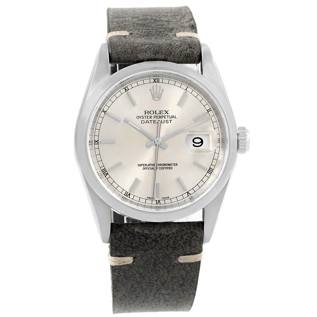 The image shows a front view of the Rolex Datejust 16200 Men's Stainless Steel Silver Dial 16200 Men's Stainless Steel Silver Dial watch with a leather strap and visible date window.