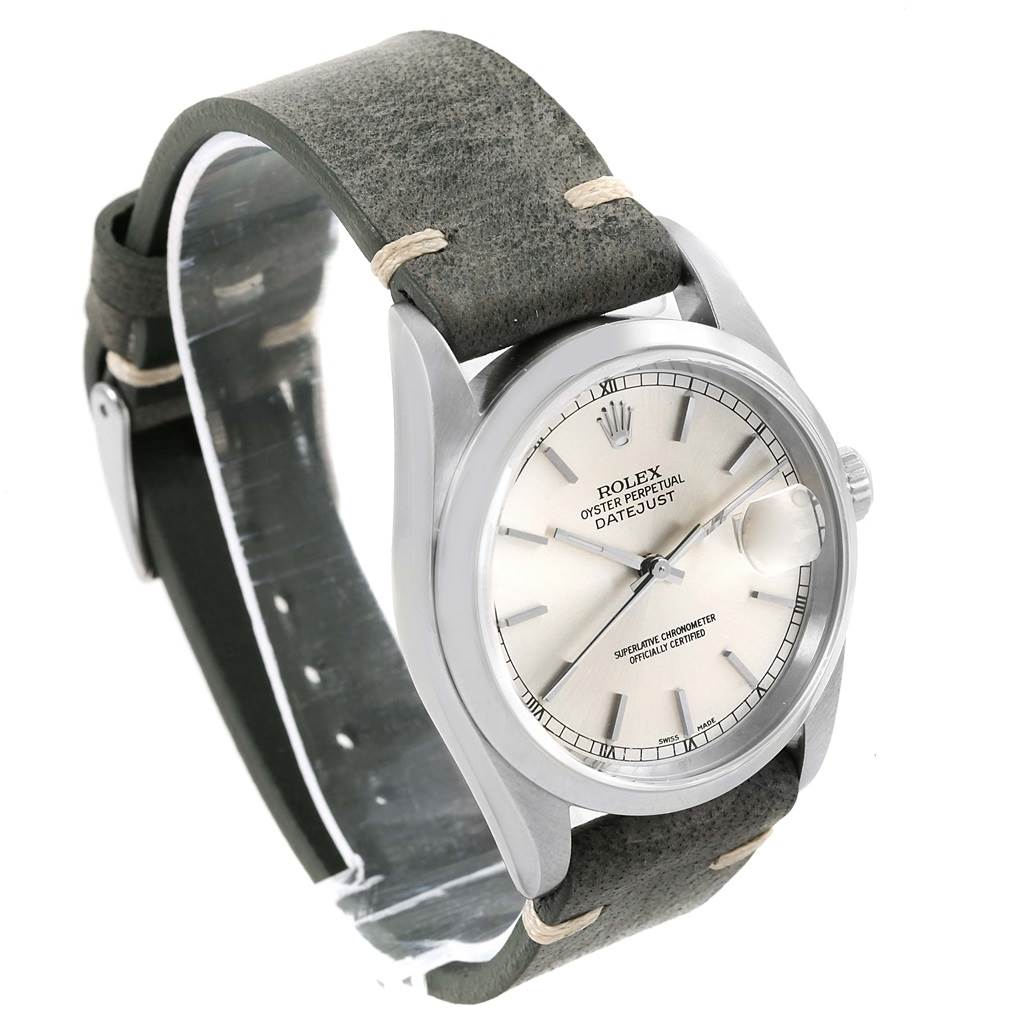 The image shows a Rolex Datejust 16200 Men's Stainless Steel Silver Dial 16200 Men's Stainless Steel Silver Dial watch at a slight angle, highlighting the dial, crown, bezel, and leather strap.