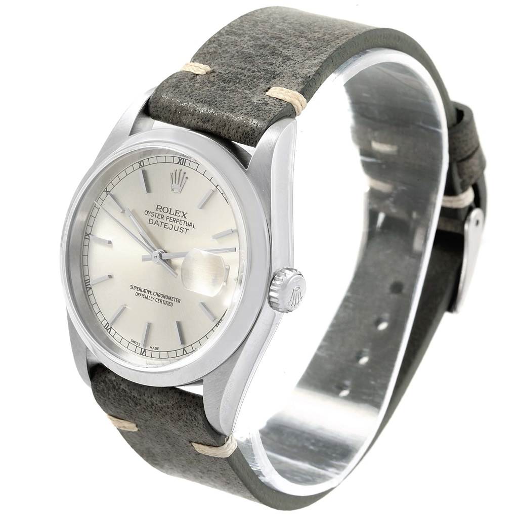 The image shows a Rolex Datejust 16200 Men's Stainless Steel Silver Dial 16200 Men's Stainless Steel Silver Dial watch at a three-quarter angle, highlighting its dial, case, and strap.