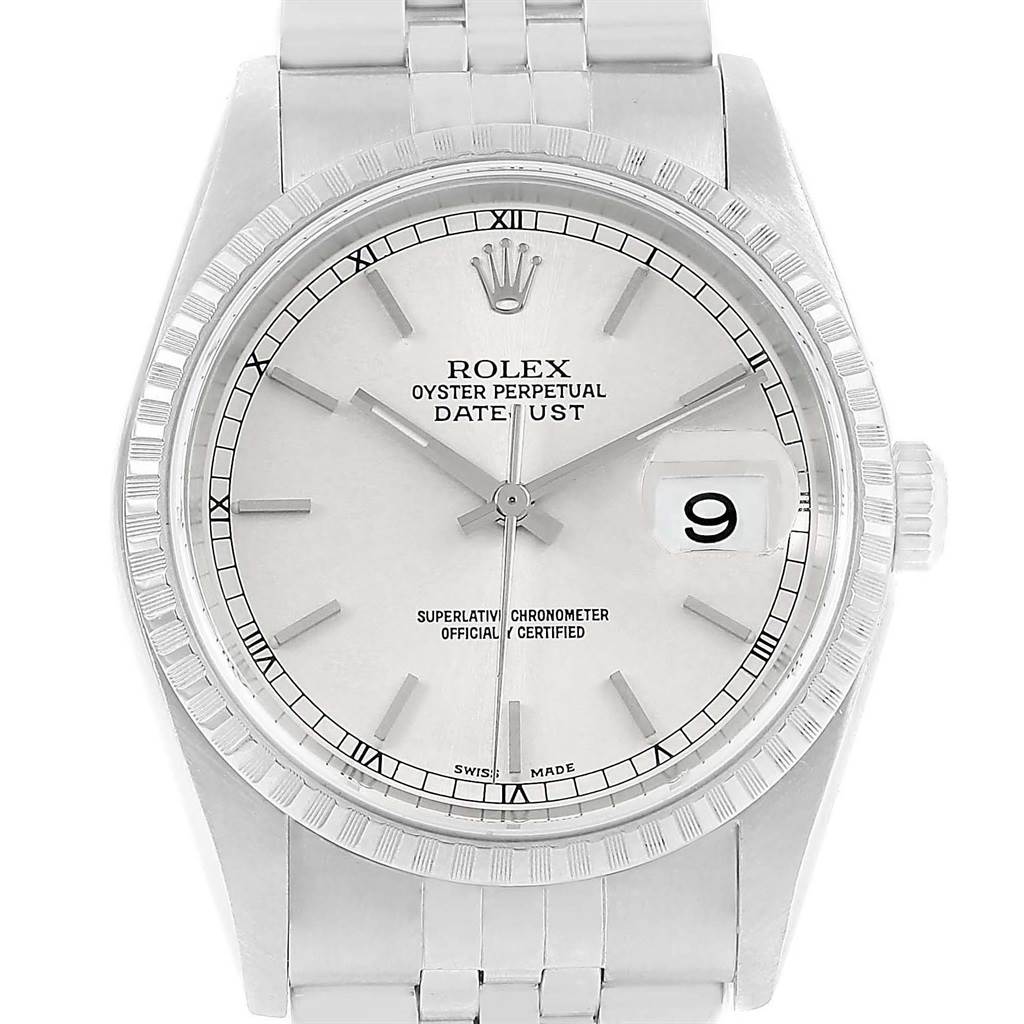 The image shows a front view of a Rolex Datejust 16220 Men's Stainless Steel Silver Dial 16220 Men's Stainless Steel Silver Dial watch, highlighting its face, bezel, crown, and part of the bracelet.