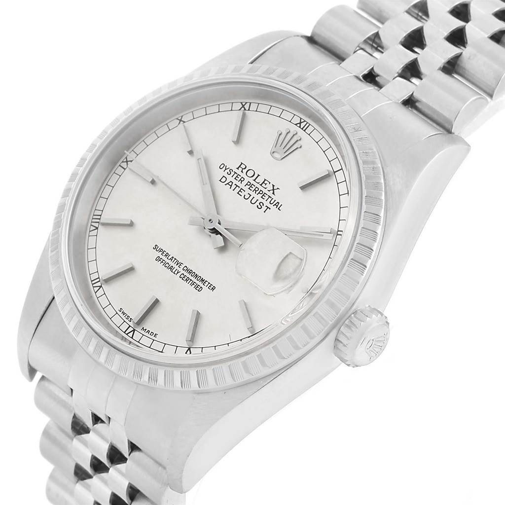 The image shows a Rolex Datejust 16220 Men's Stainless Steel Silver Dial 16220 Men's Stainless Steel Silver Dial watch from an angled top view, highlighting the dial, bezel, crown, and bracelet.