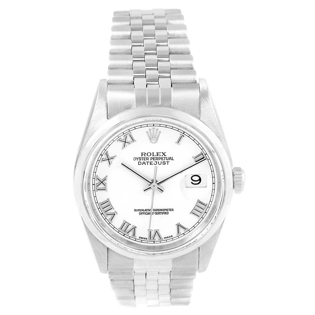 This image shows a front view of a Rolex Datejust 16200 Men's Stainless Steel White Dial 16200 Men's Stainless Steel White Dial watch displaying its bracelet, dial, hands, and date window.