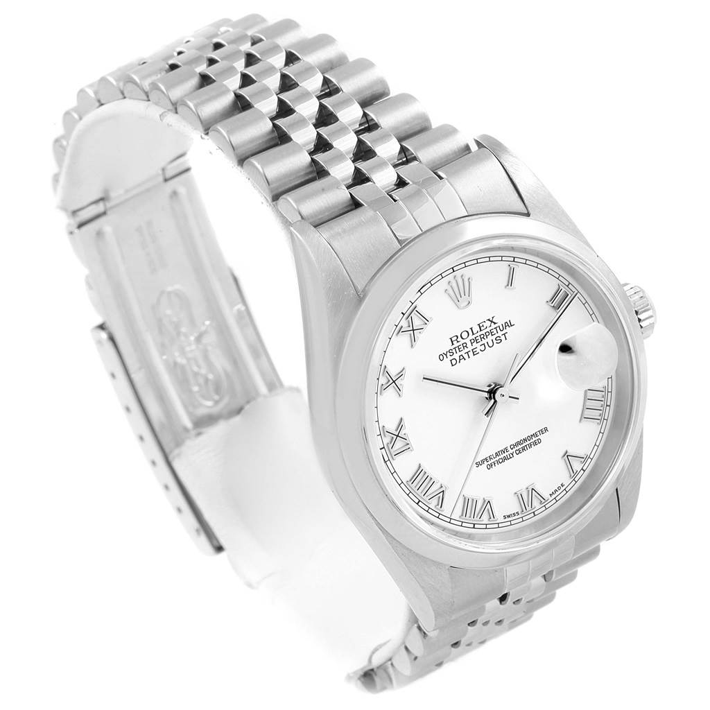The image shows a Rolex Datejust 16200 Men's Stainless Steel White Dial 16200 Men's Stainless Steel White Dial watch from an angled side view, displaying the dial, bracelet, and partially opened clasp.